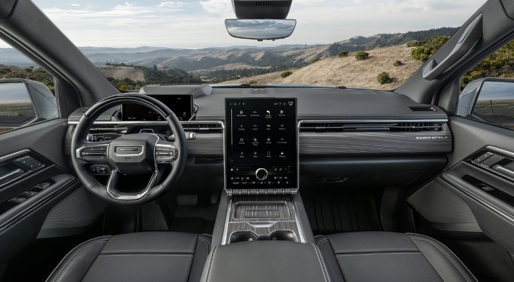 The black interior of a 2025 GMC Sierra EV Denali.