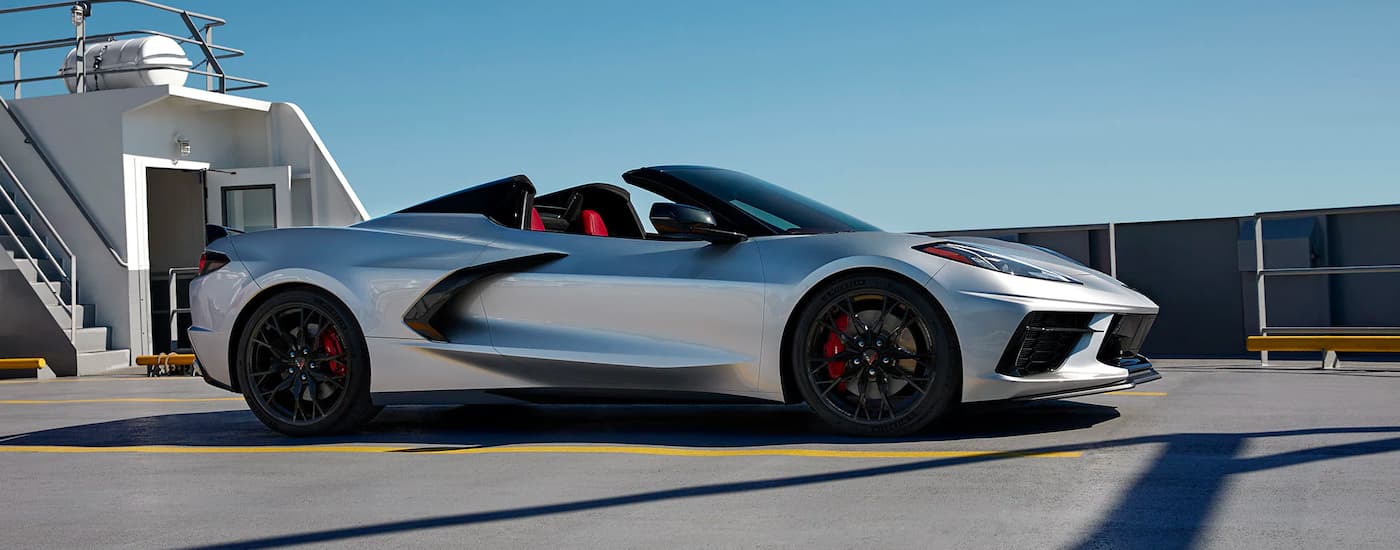 White 2023 Chevy Corvette Stingray 3LT parked on a boat.